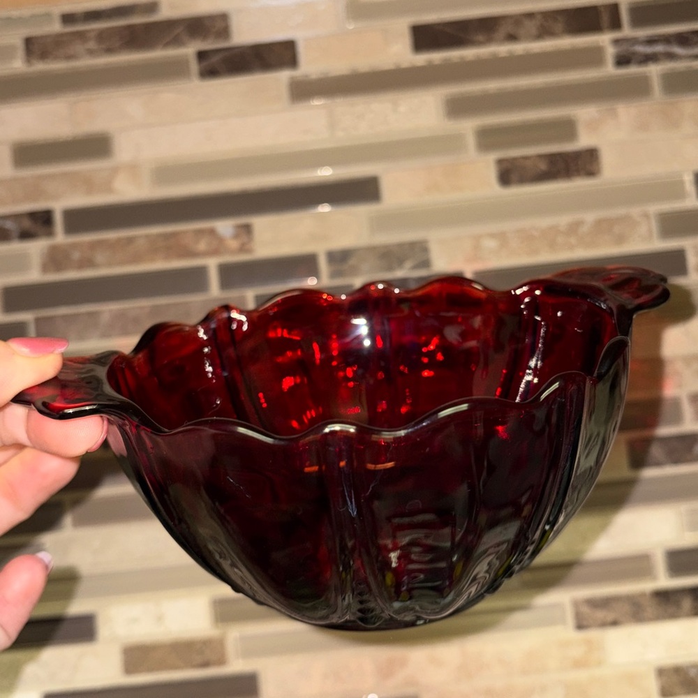 Anchor Hocking Vintage Oyster & Pearl Royal Ruby Handled Bowls (Set of 2)